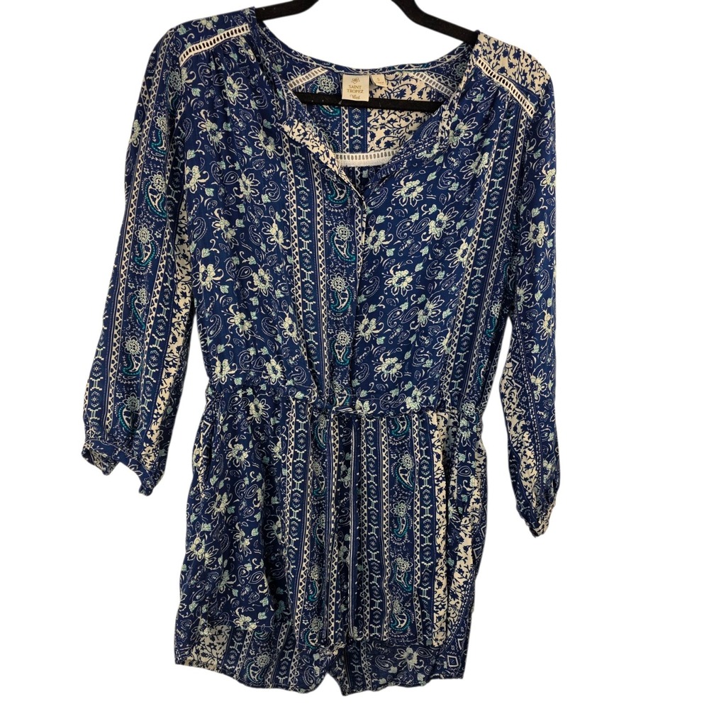 ST TROPEZ‎ WEST Size S Blue Floral Romper Boho Beachy Crochet Trim Resortwear